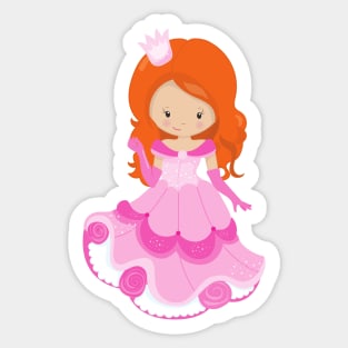 Cute Princess, Crown, Pink Dress, Orange Hair Sticker